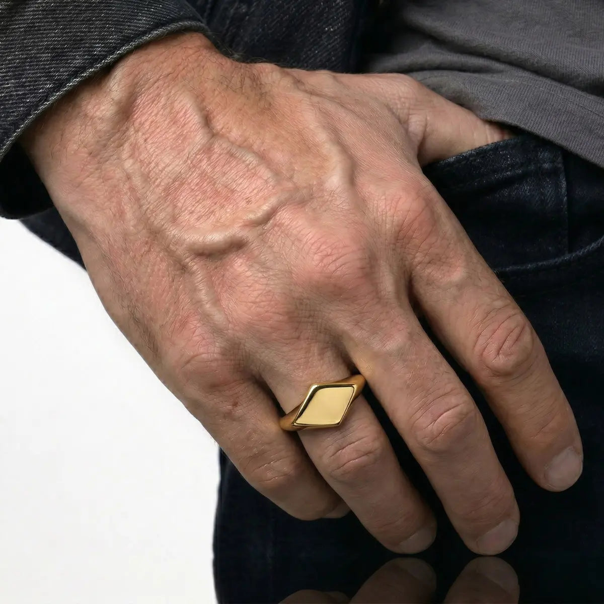 Gold Minimalist Signet Pinky Ring Worn by Male Model