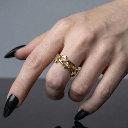 Gold Minimalist Thorns Ring Worn by Female Model