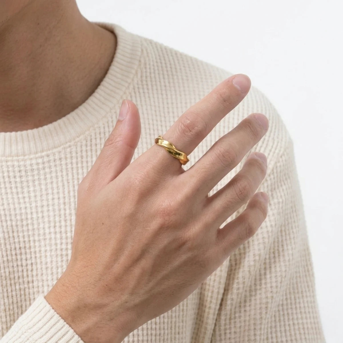 Gold Mobius Strip Ring Worn by Male Model
