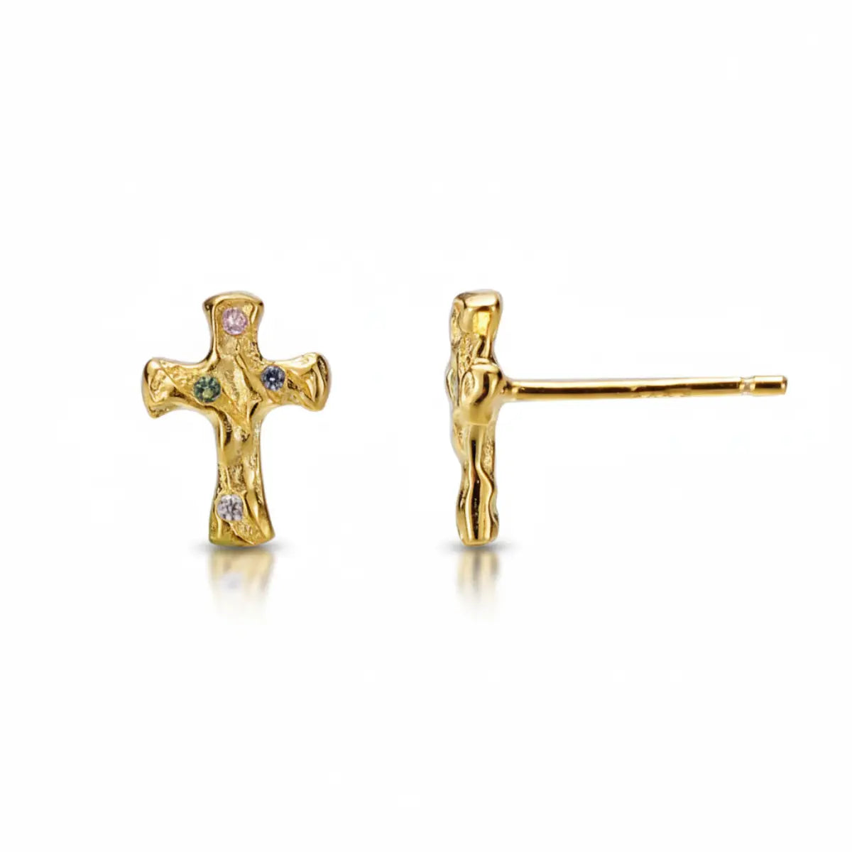 Gold Molten Pavé CZ Cross Stud Earrings Details