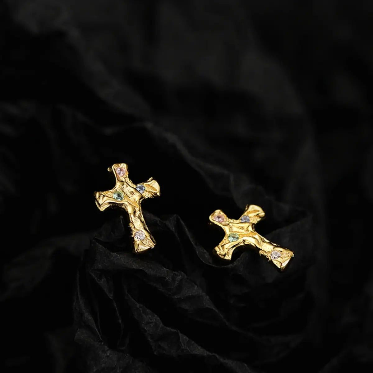 Gold Molten Pavé CZ Cross Stud Earrings Side