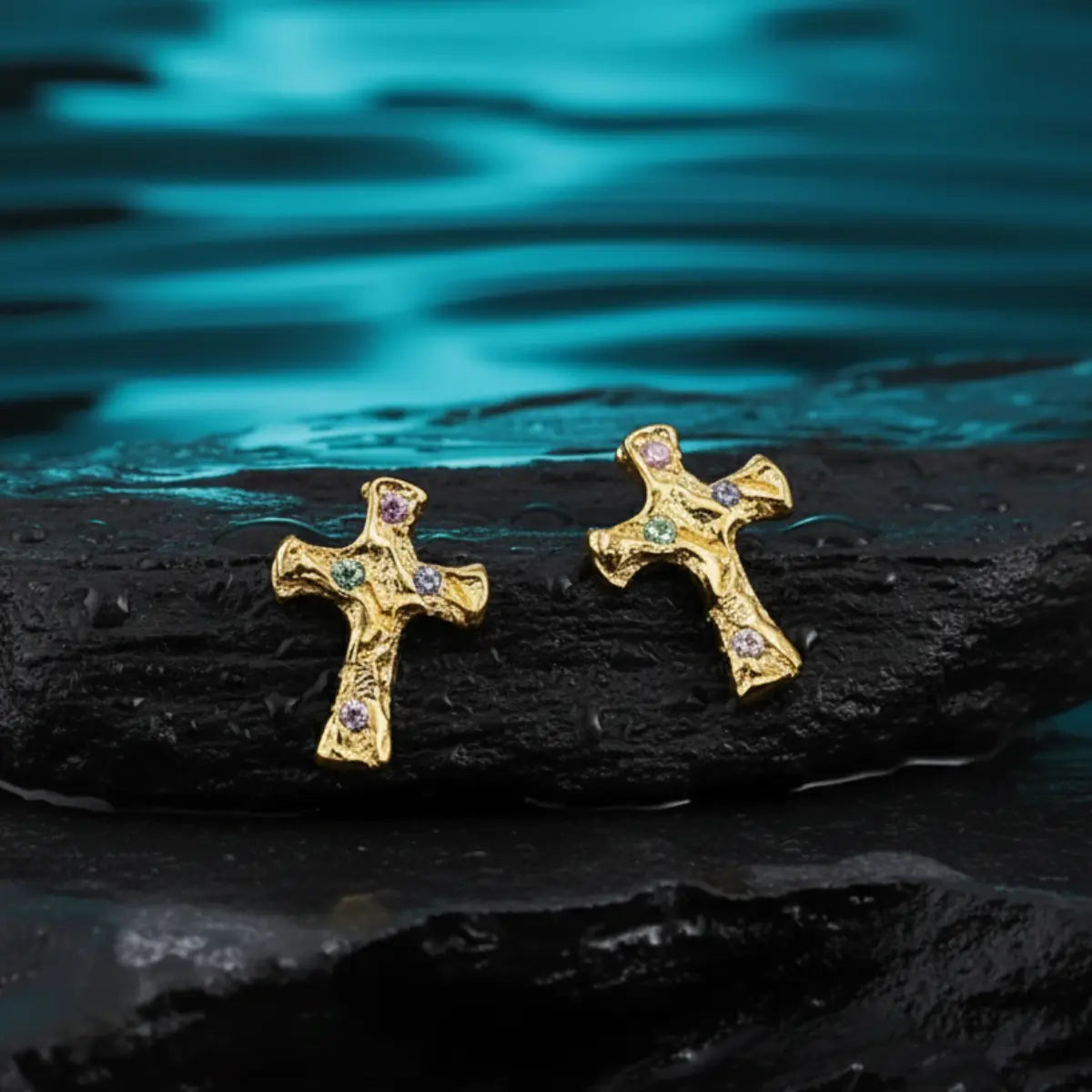Gold Molten Pavé CZ Cross Stud Earrings