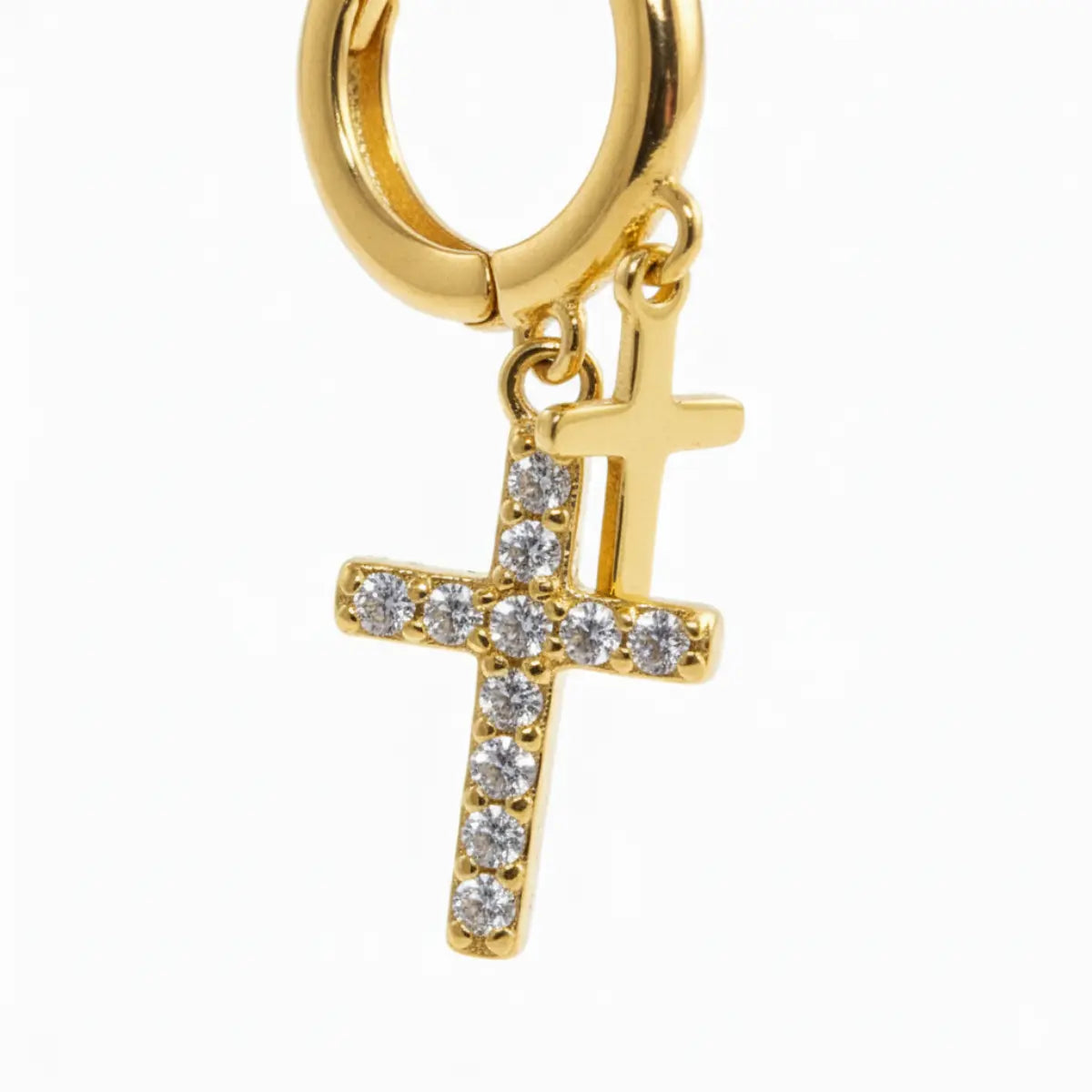 Gold Pavé Double Cross Hoop Earrings Close Up