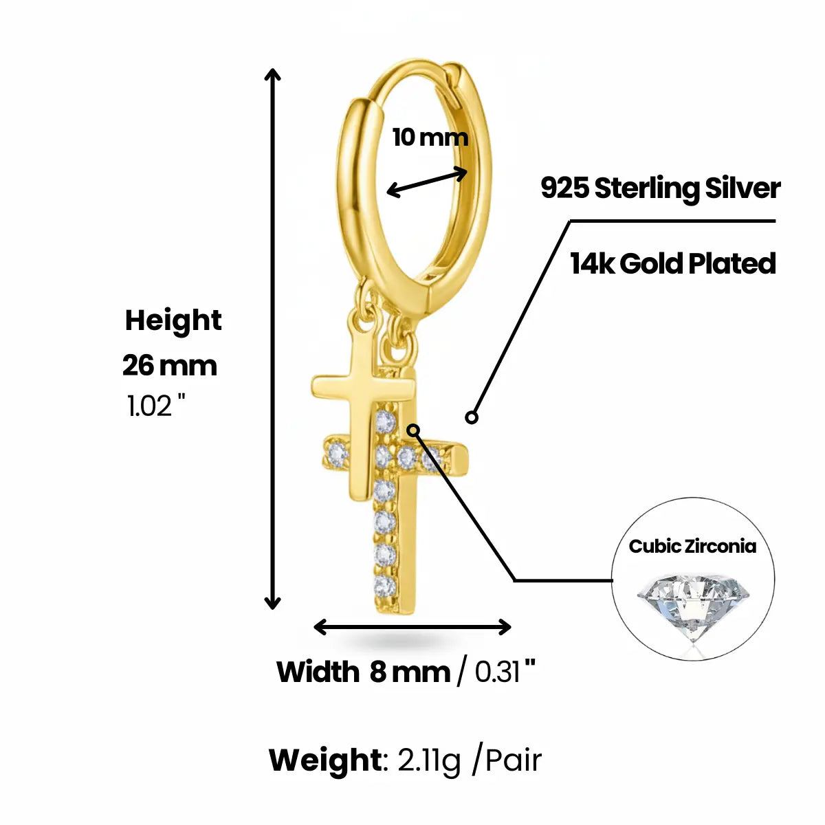 Gold Pavé Double Cross Hoop Earrings Dimensions and Weight