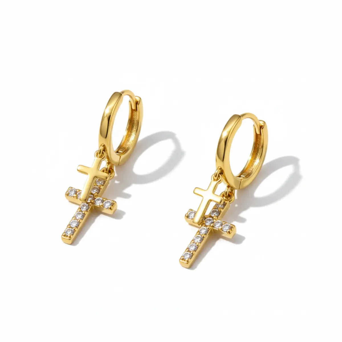 Gold Pavé Double Cross Hoop Earrings Front
