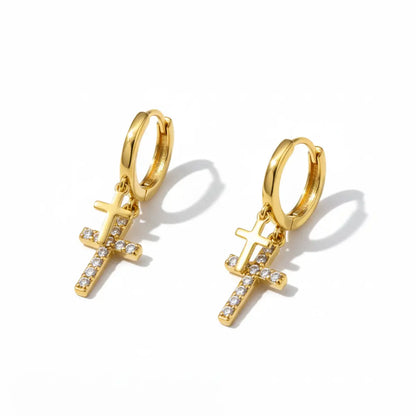 Gold Pavé Double Cross Hoop Earrings Front