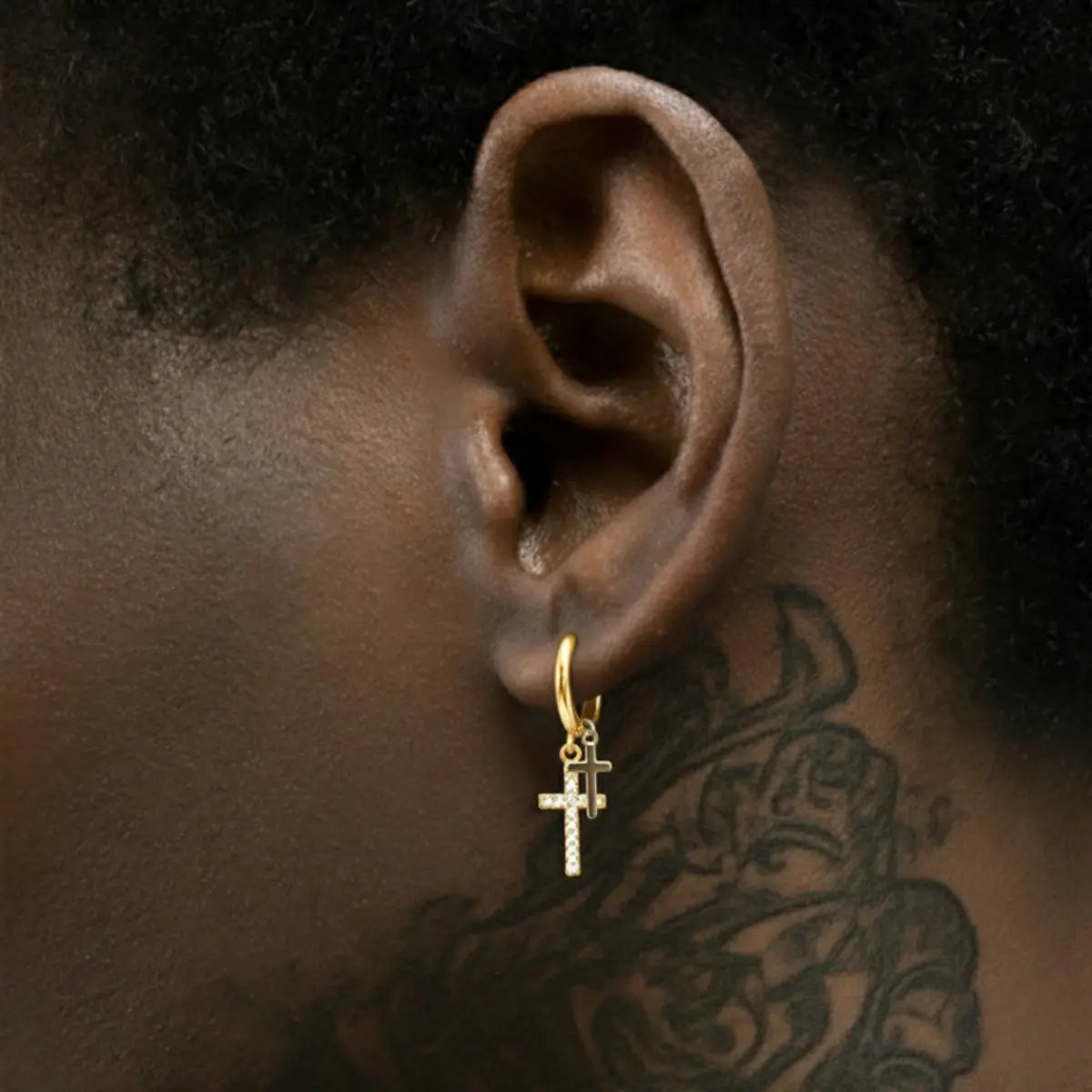 Gold Pavé Double Cross Hoop Earrings Worn by Male Model