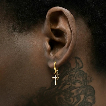 Gold Pavé Double Cross Hoop Earrings Worn by Male Model