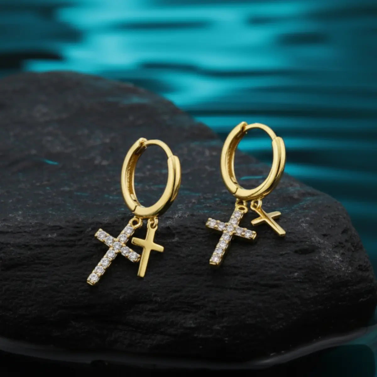 Gold Pavé Double Cross Hoop Earrings