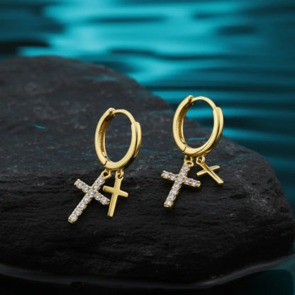 Gold Pavé Double Cross Hoop Earrings