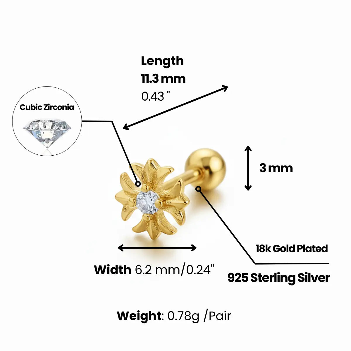 Gold Petal Cross Stud Earrings Dimensions and Weight