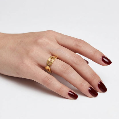 Gold Razor Blade Ring Worn by Female Model