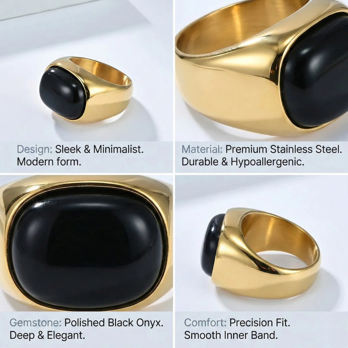 Gold Ring with Black Stone Features