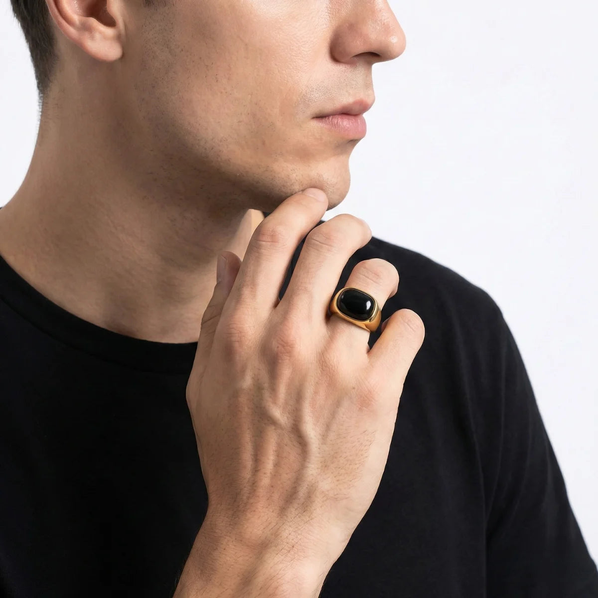 Gold Ring with Black Stone Worn by Male Model
