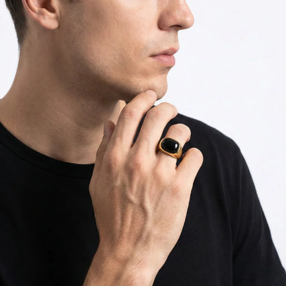 Gold Ring with Black Stone Worn by Male Model