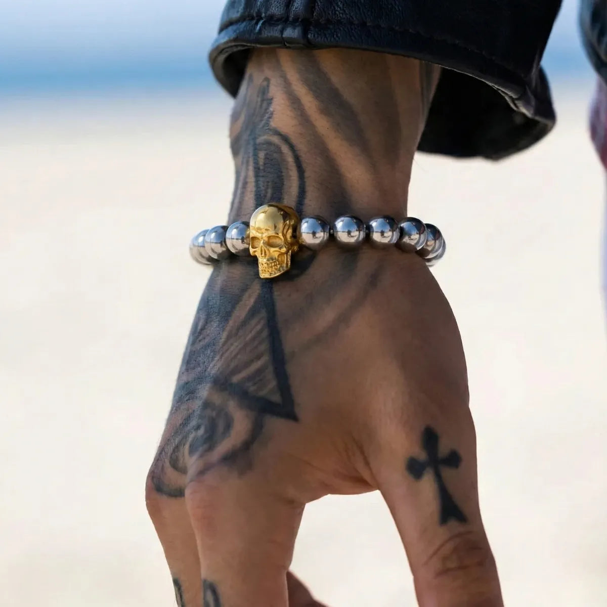 Gold Skull Bead Bracelet Worn by Male Model