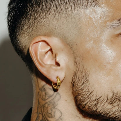 Gold Snake Skin Hoop Earrings Worn by Male Model