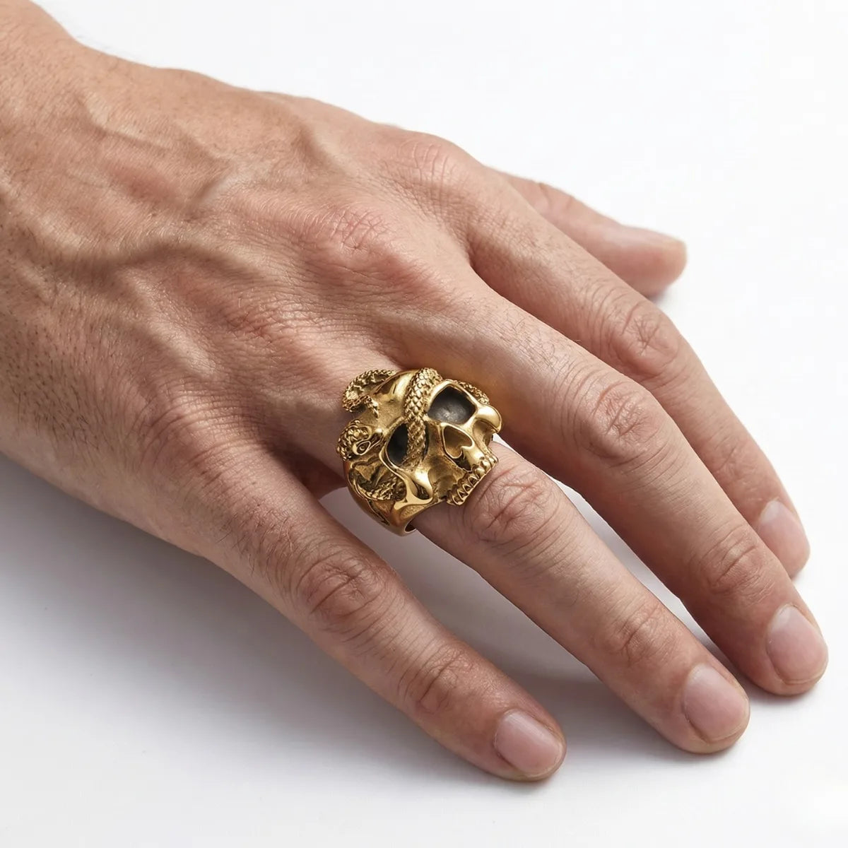 Gold Snake Skull Ring Worn by Male Model