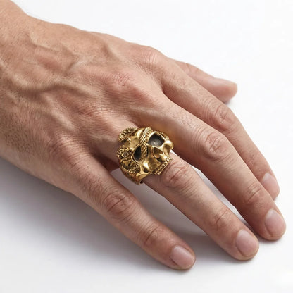 Gold Snake Skull Ring Worn by Male Model