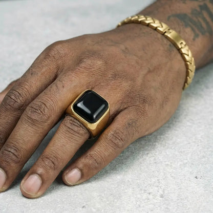 Gold Square Black Onyx Signet Ring Worn by Male Model