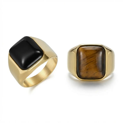 Gold Square Black Onyx Signet Ring and Gold Square Tiger Eye Signet Ring Details