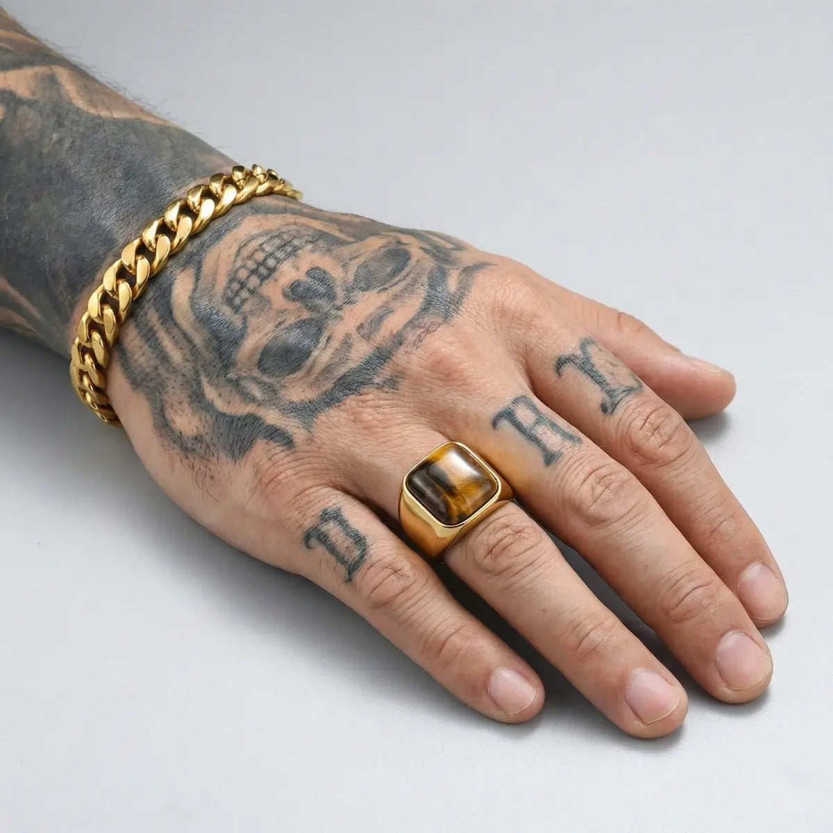 Gold Square Tiger Eye Signet Ring Worn by Male Model