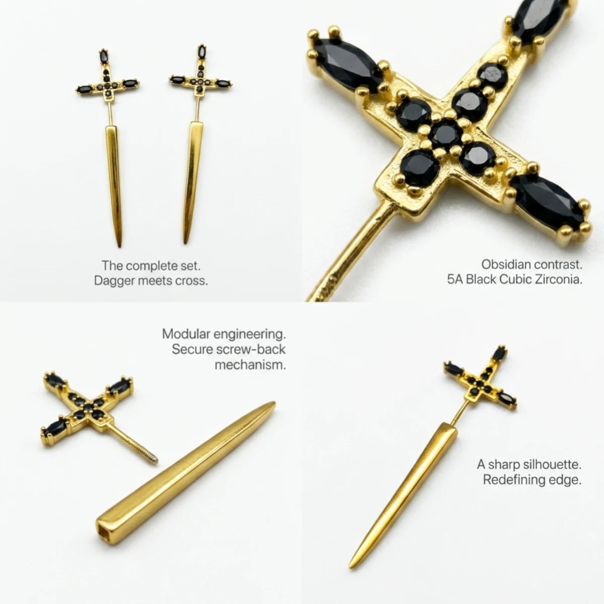 Gold Sword Earrings Sterling Silver Details and Features Infographic