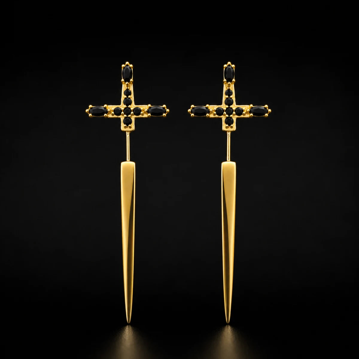Gold Sword Earrings Sterling Silver Pair Close Up Black Background