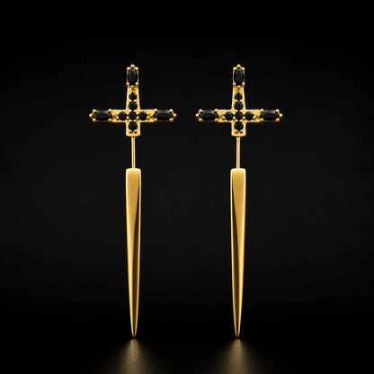 Gold Sword Earrings Sterling Silver Pair Close Up Black Background
