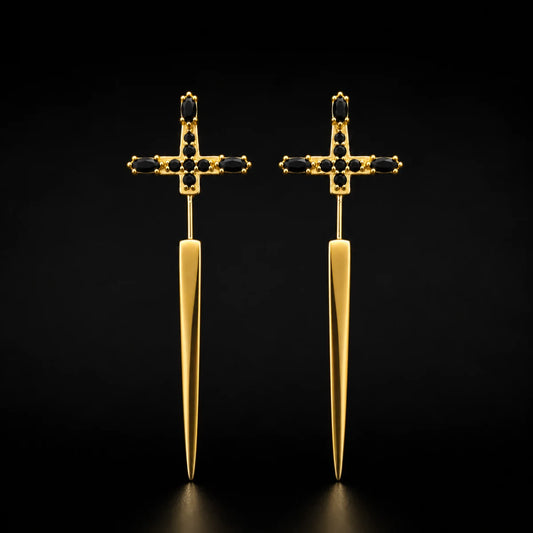 Gold Sword Earrings Sterling Silver Pair Close Up Black Background