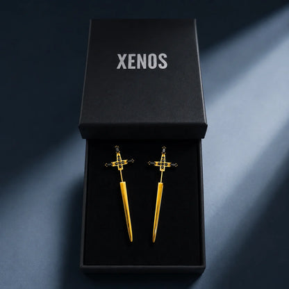Gold Sword Earrings Sterling Silver Presented in Xenos Jewelry Packaging Box