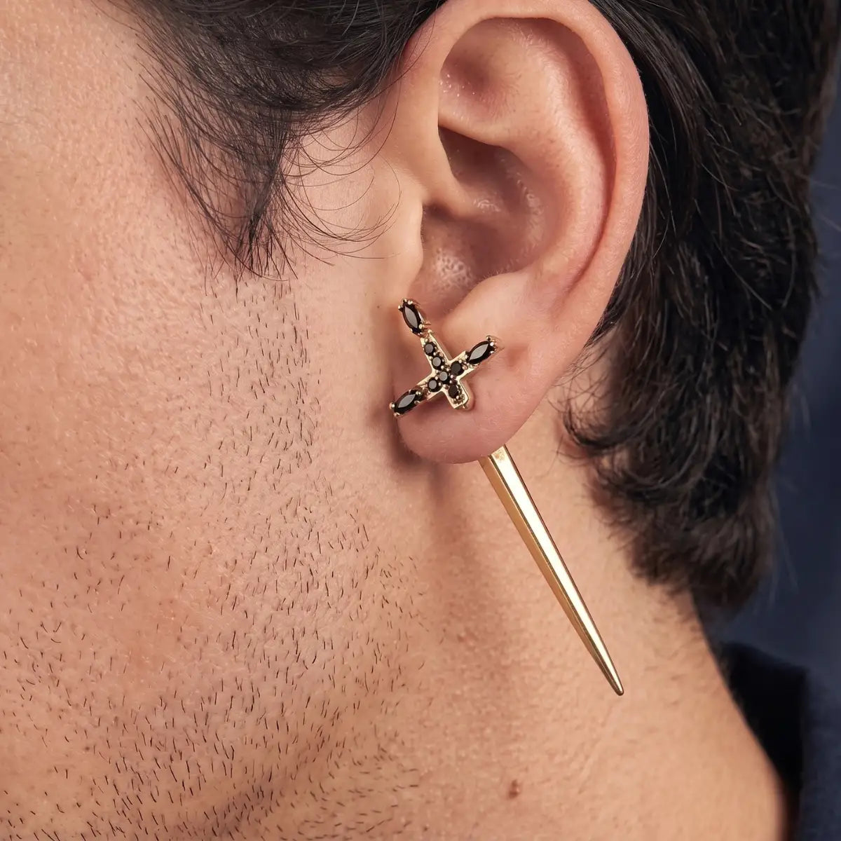 Gold Sword Earrings Sterling Silver Worn by Male Model