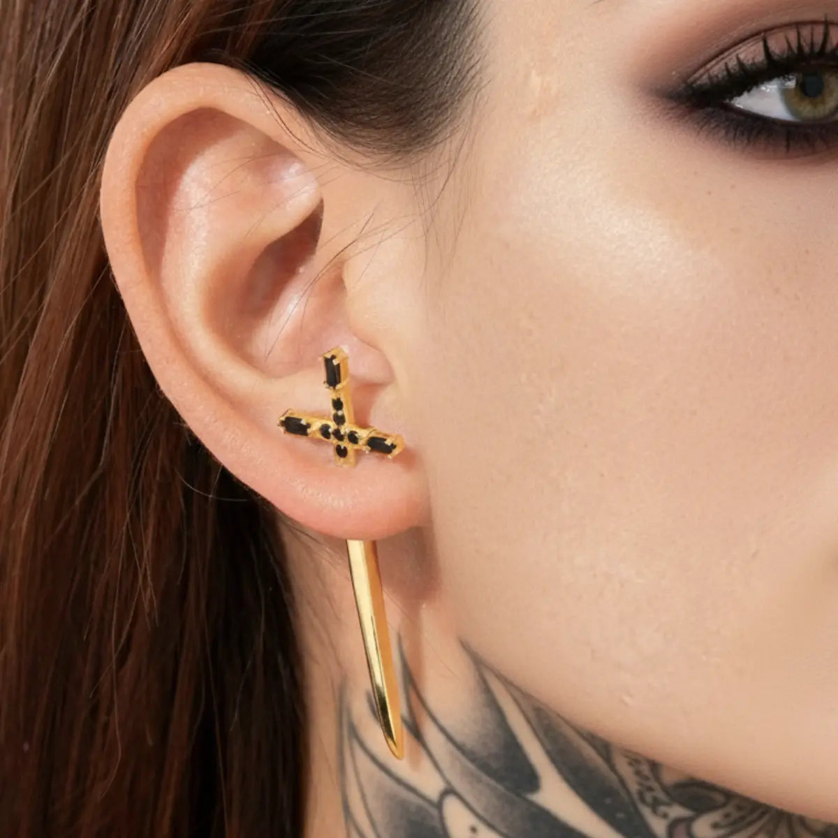 Gold Sword Stud Earrings Sterling Silver Worn by Female Model