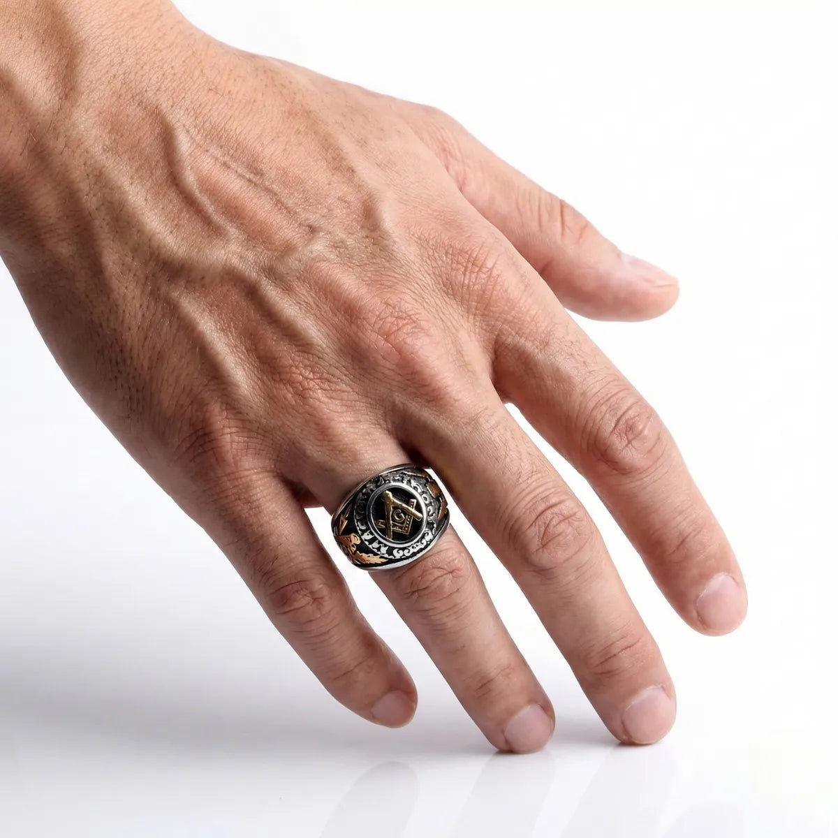 Gold and Silver Master Mason Degree Ring Worn by Male Model