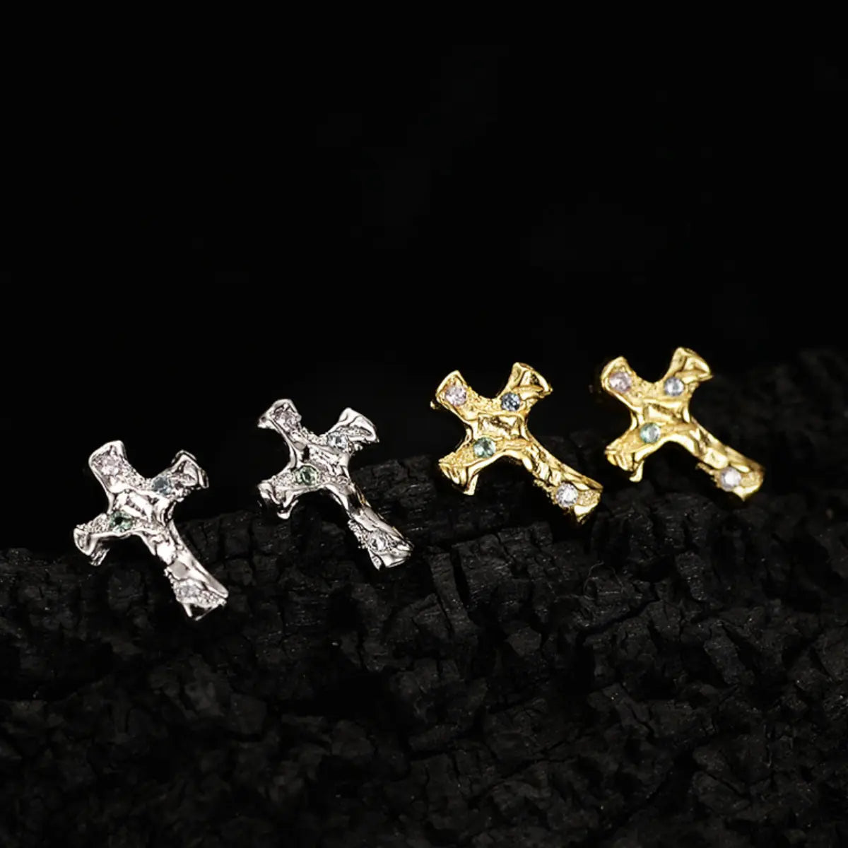 Gold and White Gold Molten Pavé CZ Cross Stud Earrings