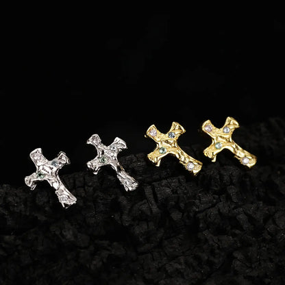 Gold and White Gold Molten Pavé CZ Cross Stud Earrings