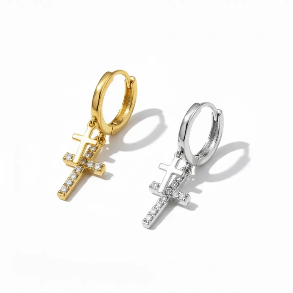 Gold and White Gold Pavé Double Cross Hoop Earrings