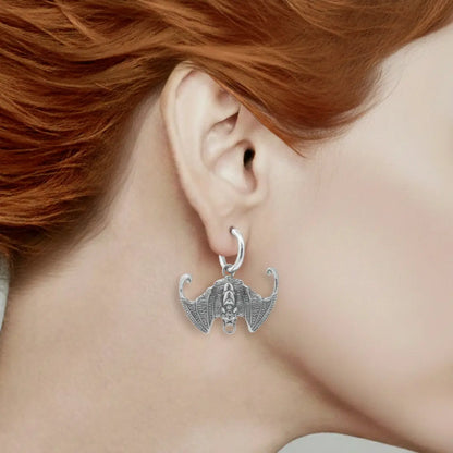 Gothic Bat Drop Hoop Earrings Worn by Female Model