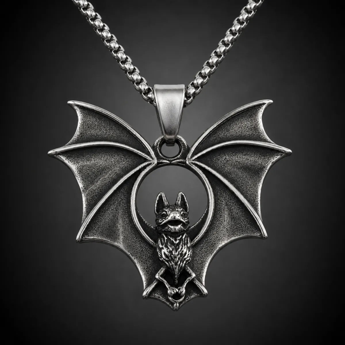 Gothic Bat Necklace Silver Close Up Black Background