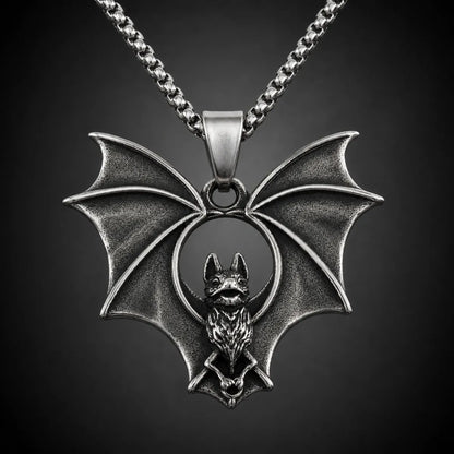 Gothic Bat Necklace Silver Close Up Black Background