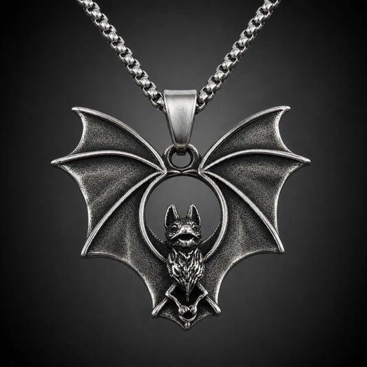 Gothic Bat Necklace Silver Close Up Black Background