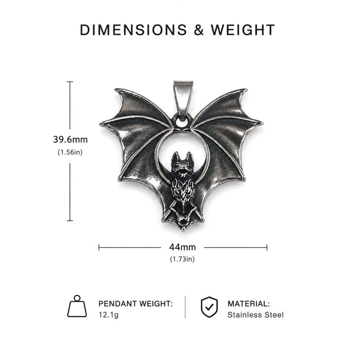 Gothic Bat Necklace Silver Dimension Diagram 47.7mm 1.88inch and 44.7mm 1.76inch