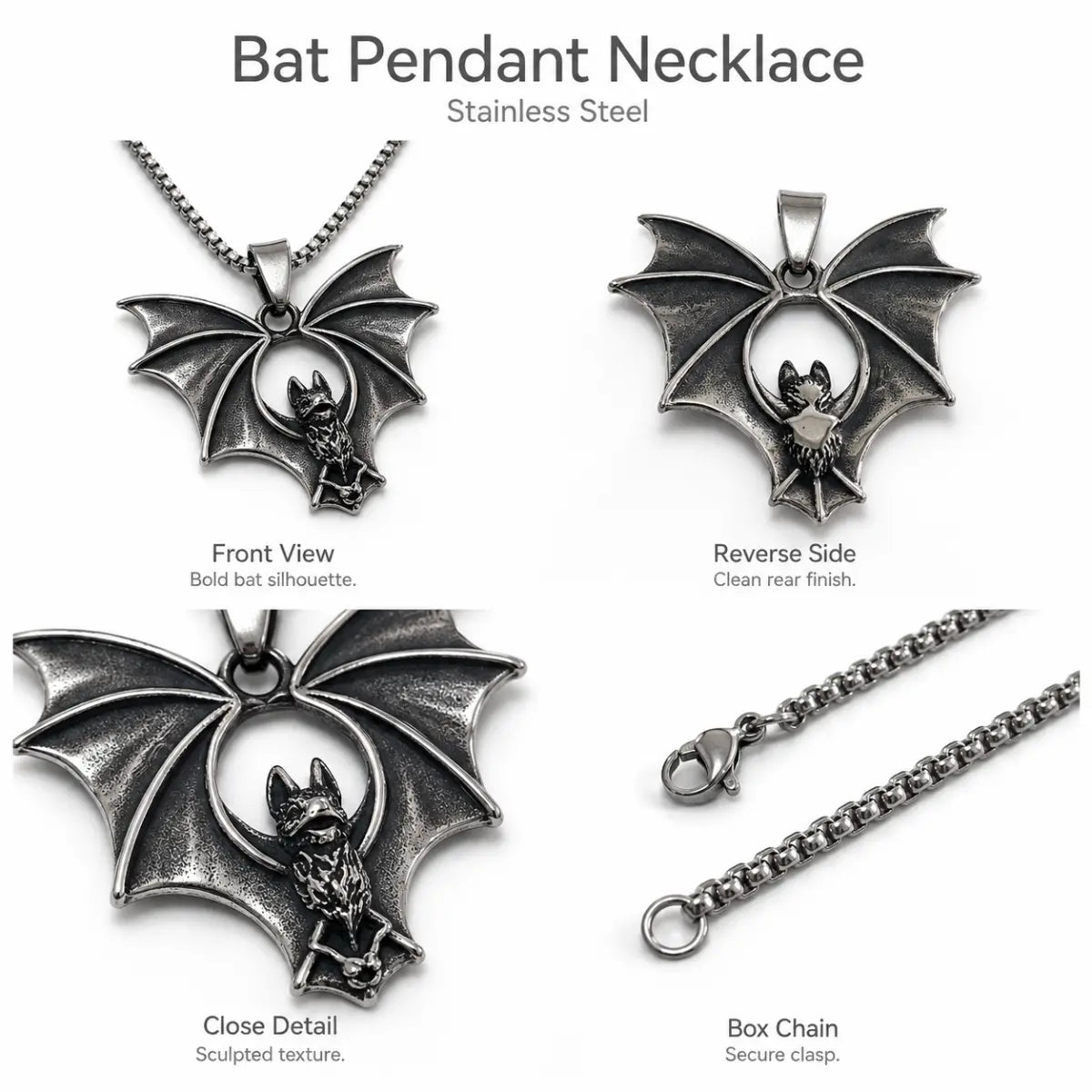 Gothic Bat Necklace Silver Multi Angle Product Feature Showcase