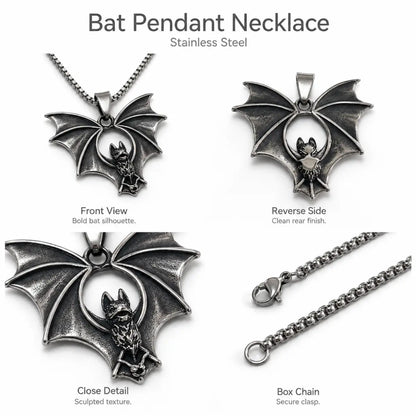 Gothic Bat Necklace Silver Multi Angle Product Feature Showcase