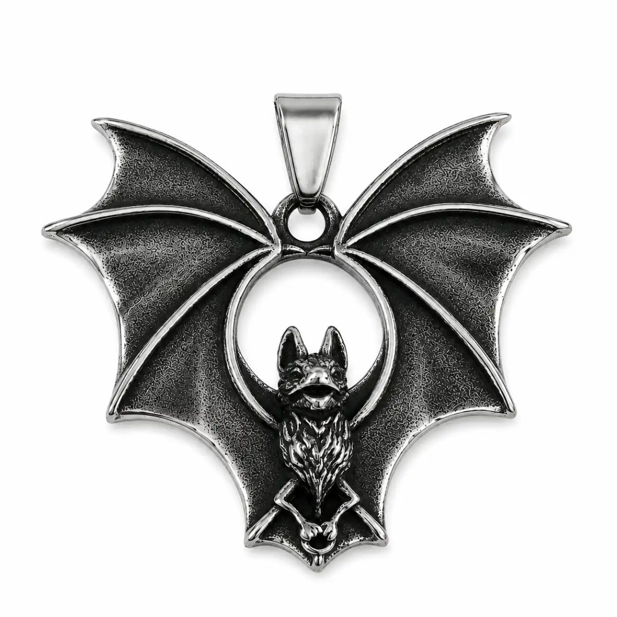 Gothic Bat Necklace Silver Pendant Only Front View White Background