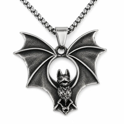 Gothic Bat Necklace Silver Pendant with Chain Front View White Background
