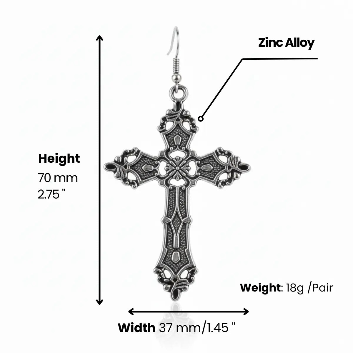 Gothic Big Cross Earrings Dimensions and Weight