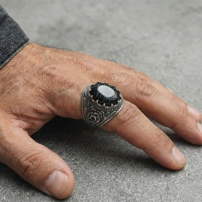 Gothic Black Turquoise Ring Worn by Male Model Close Up