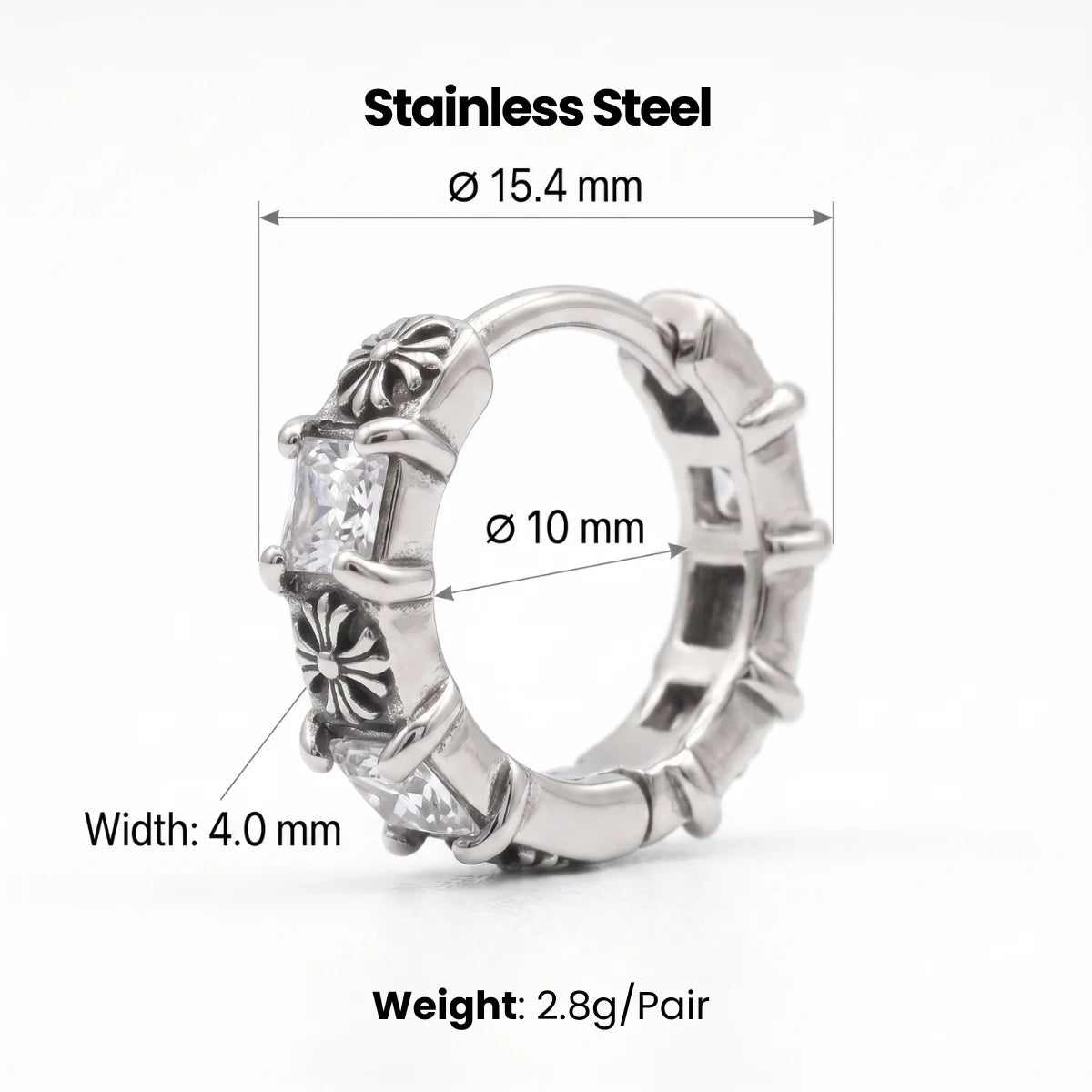 Gothic Cross CZ Huggie Hoop Earrings Silver Dimensions and Weight Infographic