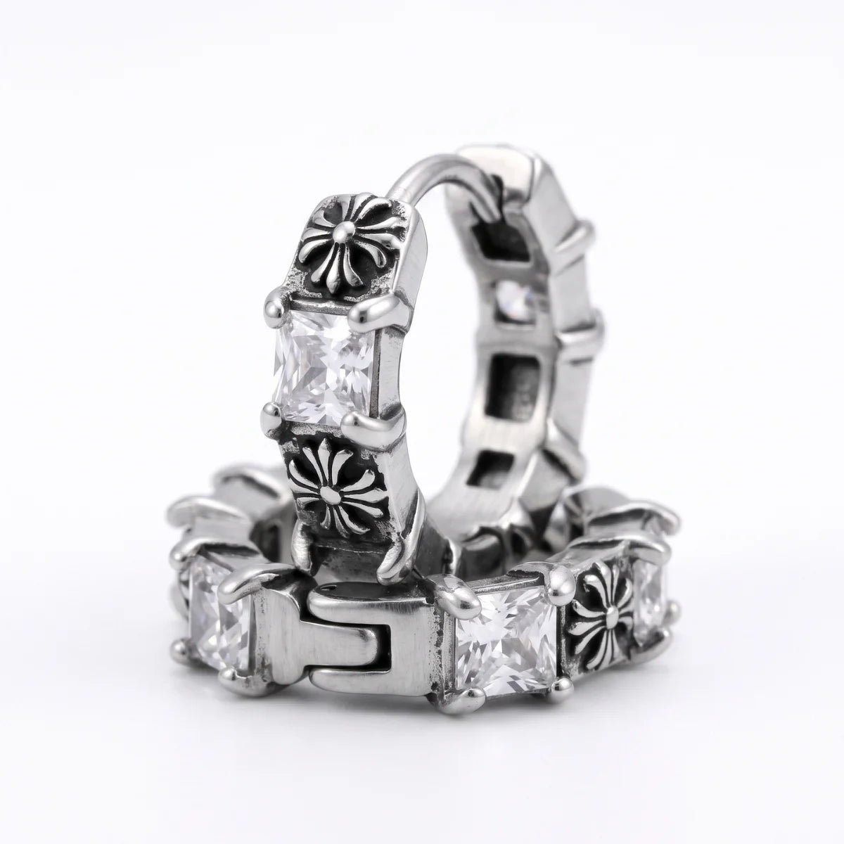 Gothic Cross CZ Huggie Hoop Earrings Silver Pair Stacked Front View White Background